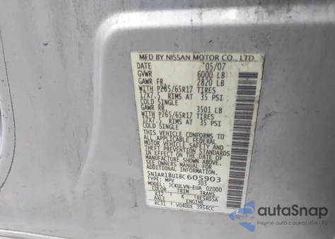 2008 Nissan Pathfinder Le z USA, uszkodzony, nr VIN 5N1AR18U18C605903